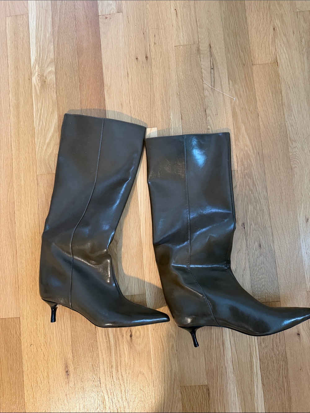 Zara Dark Brown Pointed-Toe Mid-Calf Kitten Heel Boots